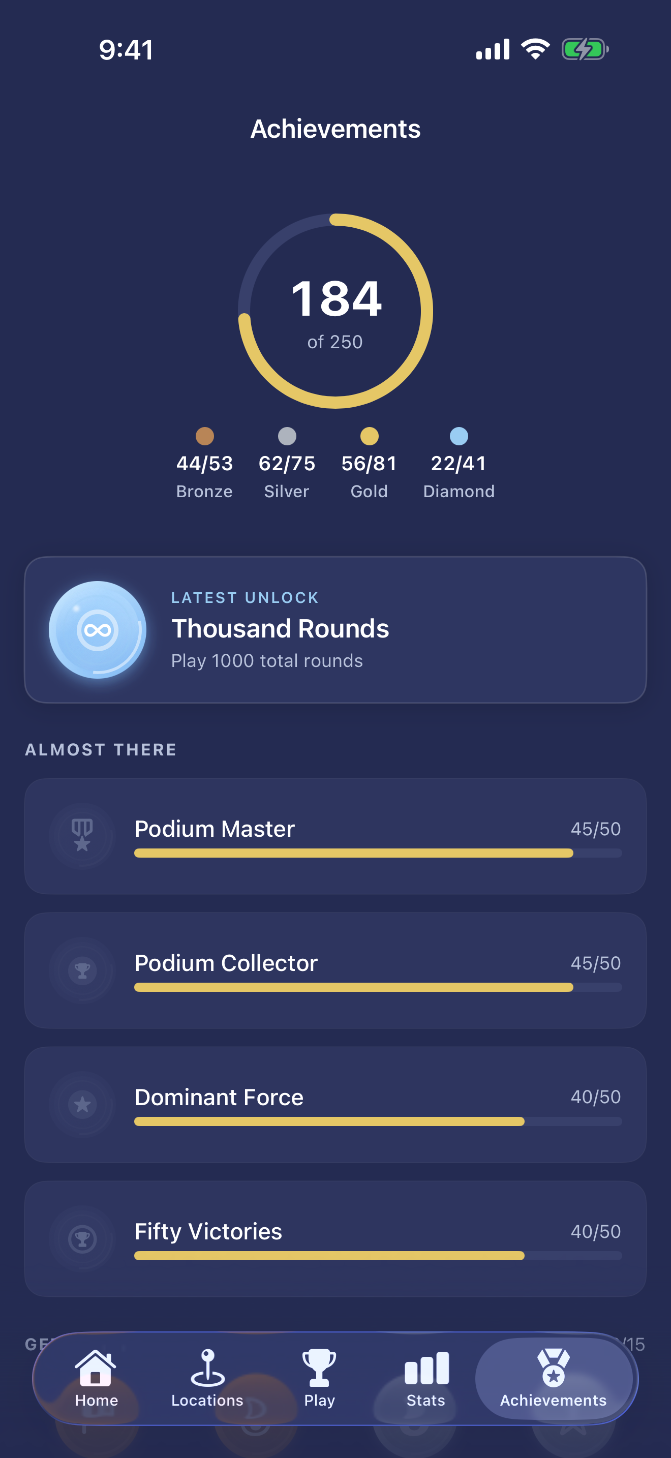 Achievement gallery with progress tracking across bronze, silver, gold, and diamond tiers