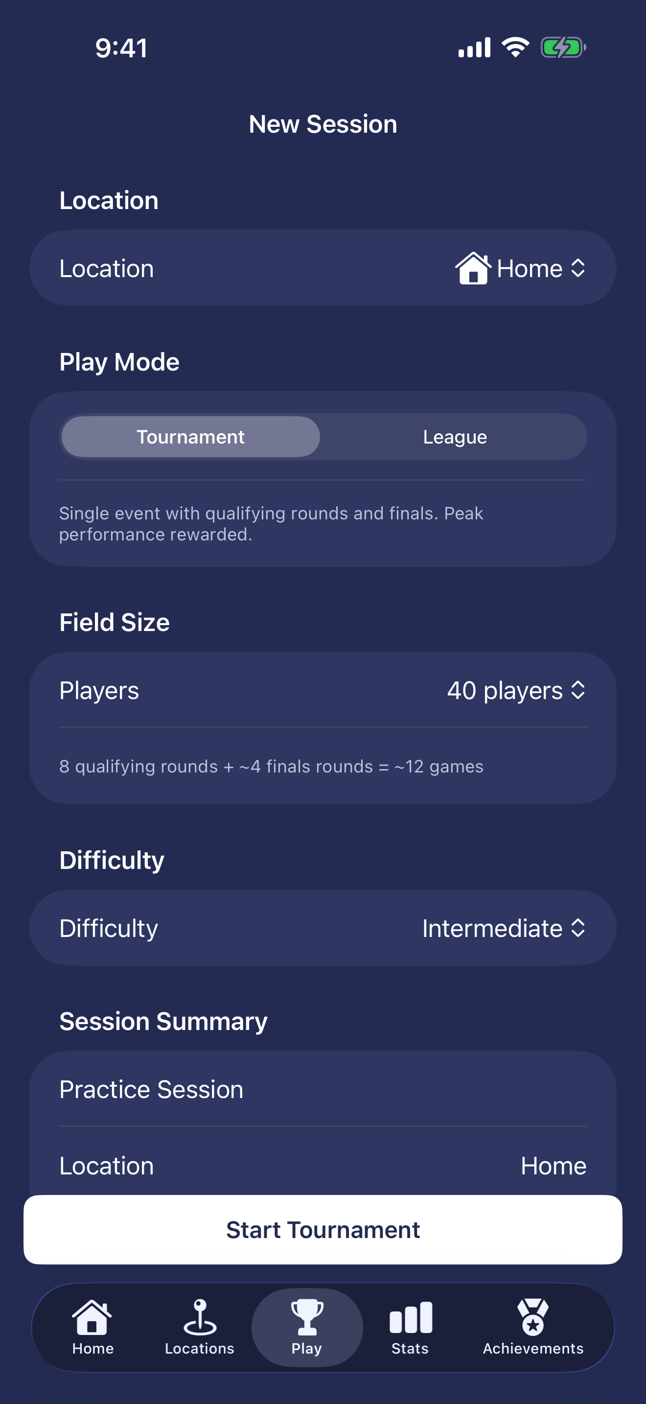 Tournament setup with location, play mode, field size, and difficulty selection